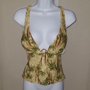 Green and Cream Tie Front Fitted Bikini Top
